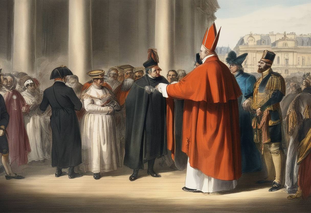 Watercolor painting based depiction of Cardinal Giovanni Battista Caprara, the papal legate of Pope Pius VII, arrives in Paris to negotiate with Napoleon Bonaparte for the Concordat of 1801, an agreement aimed at consolidating the Catholic Church's position in Napoleonic France. (1800)