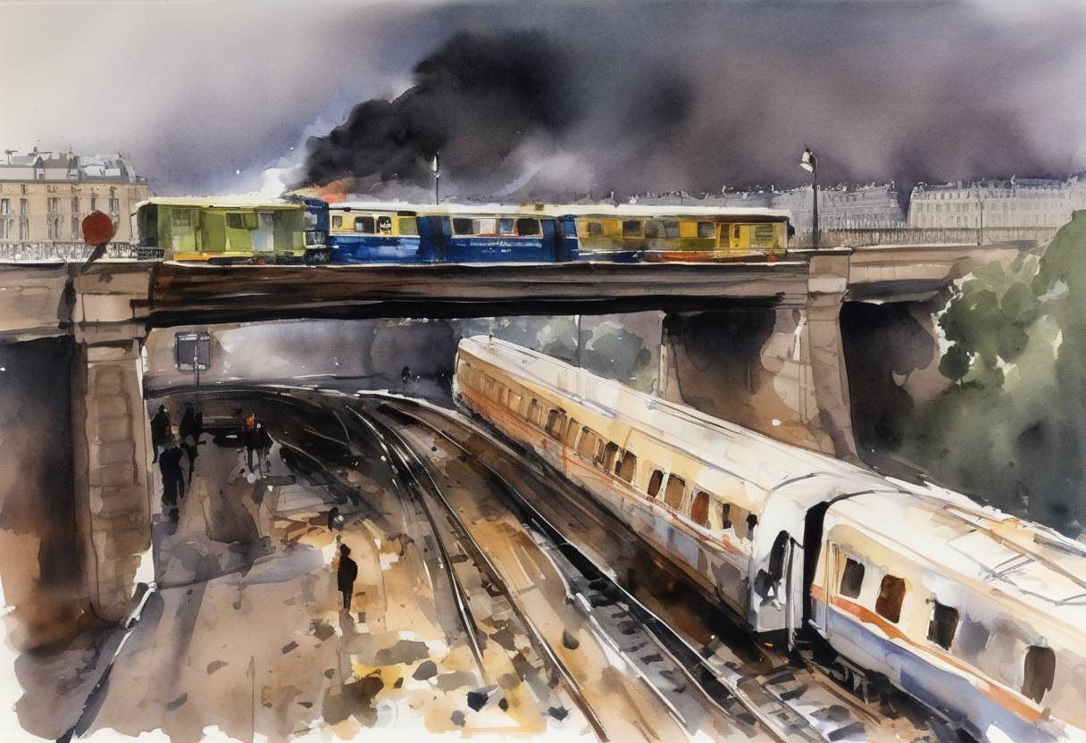 Watercolor painting based depiction of Parisian commuter train system suffered one of its worst disasters when a train derailed on the Pont de Neuilly bridge, killing 43 people and injuring more than 200. (1984)