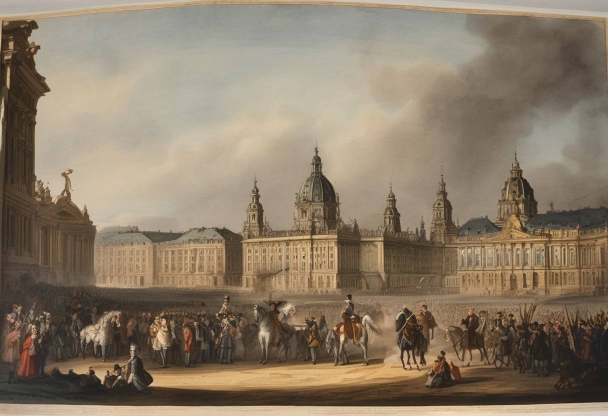 Watercolor painting based depiction of The Treaty of Dresden was signed, ending the Second Silesian War between Prussia and Saxony. (1745)