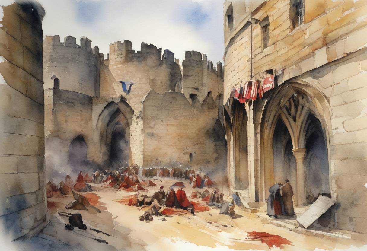 Watercolor painting based depiction of A violent anti-Semitic pogrom occurred in York, England. Known as the Massacre of the Jews at Clifford's Tower, it resulted in the deaths of approximately 150 Jews, who took refuge in the tower when they were attacked by a mob. Facing certain death or forced conversion, many chose to commit mass suicide. (1190)