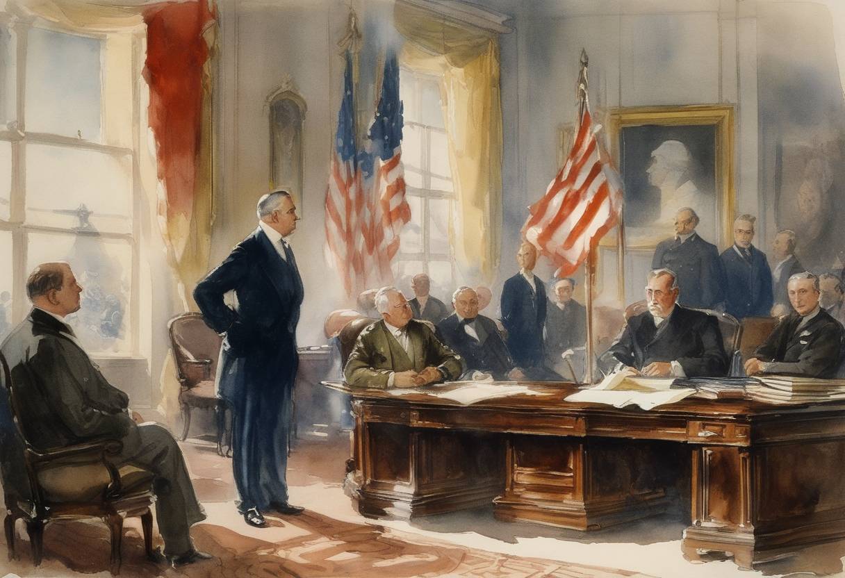 Watercolor painting based depiction of The Washington Naval Treaty was signed, limiting naval construction and aiming to prevent an arms race after World War I. (1922)