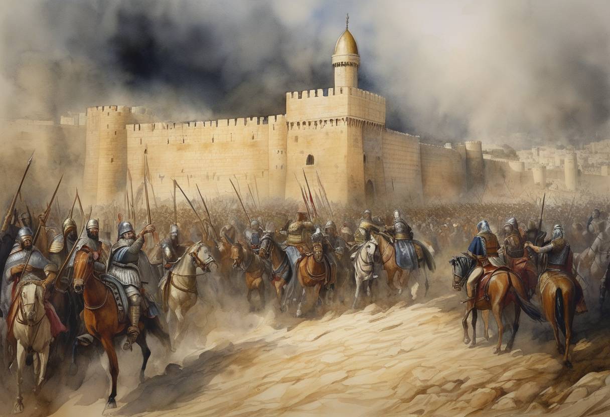 Watercolor painting based depiction of The First Crusade: Crusaders begin the siege of Jerusalem, marking the start of a pivotal moment in the campaign to capture the city from the Fatimid Caliphate. (1099)