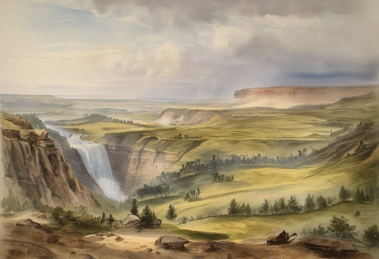 Watercolor painting based depiction of The United States Geological Survey (USGS) is established. This scientific agency of the U.S. government was created to study the landscape of the United States, its natural resources, and the environment. (1879)