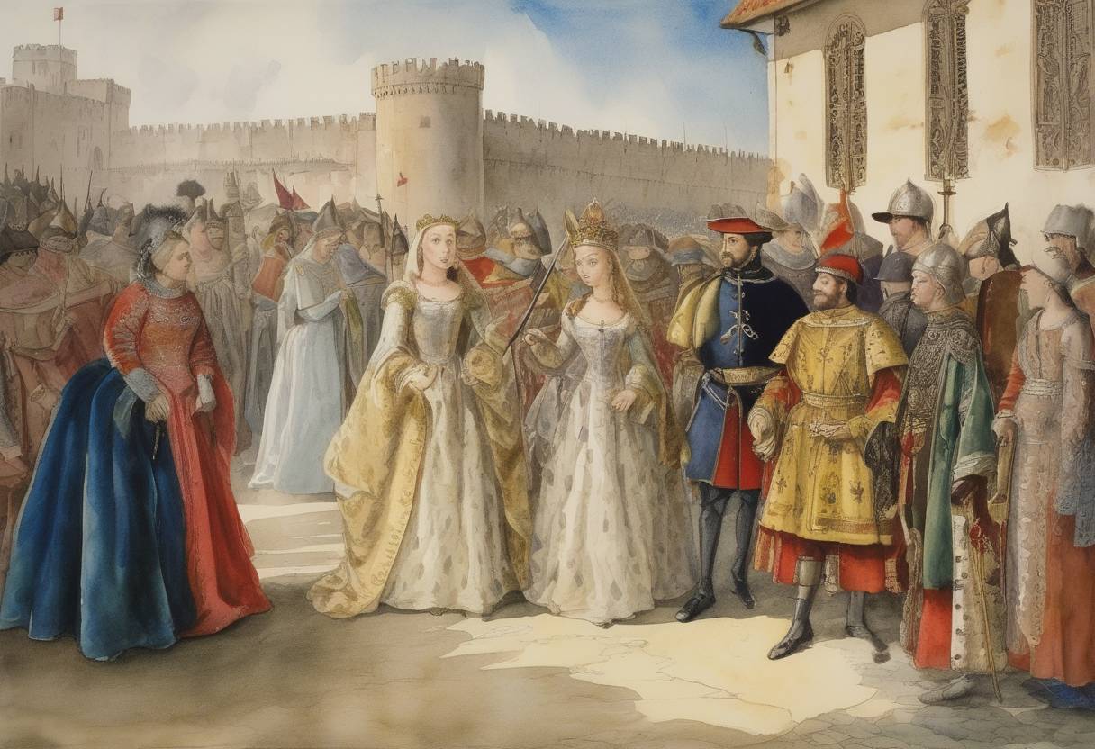 Watercolor painting based depiction of Following the death of King Ferdinand I of Portugal, his daughter Beatrice claims the throne, leading to the 1383–85 Crisis in Portugal. (1383)