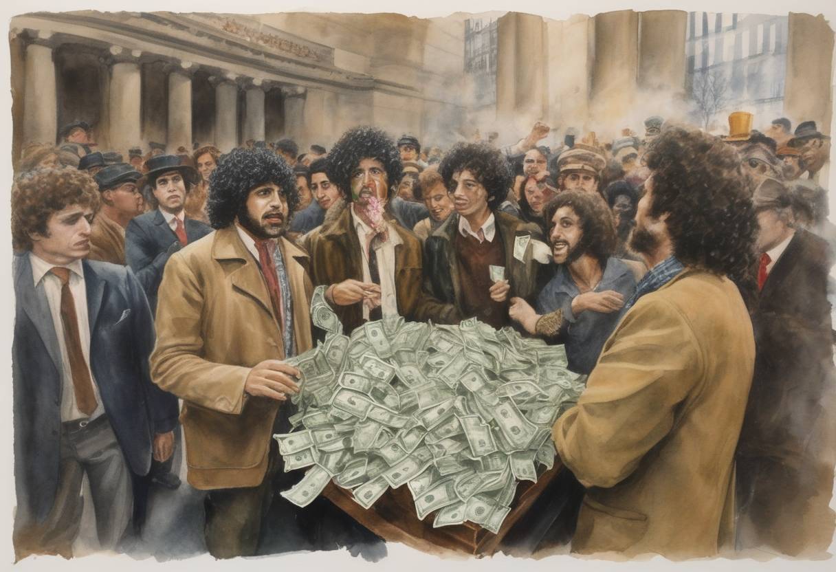 Watercolor painting based depiction of Led by Abbie Hoffman, the Youth International Party (Yippies) temporarily disrupted the New York Stock Exchange by throwing dollar bills from the viewing gallery, symbolizing their critique of capitalism amid socio-political unrest. (1967)