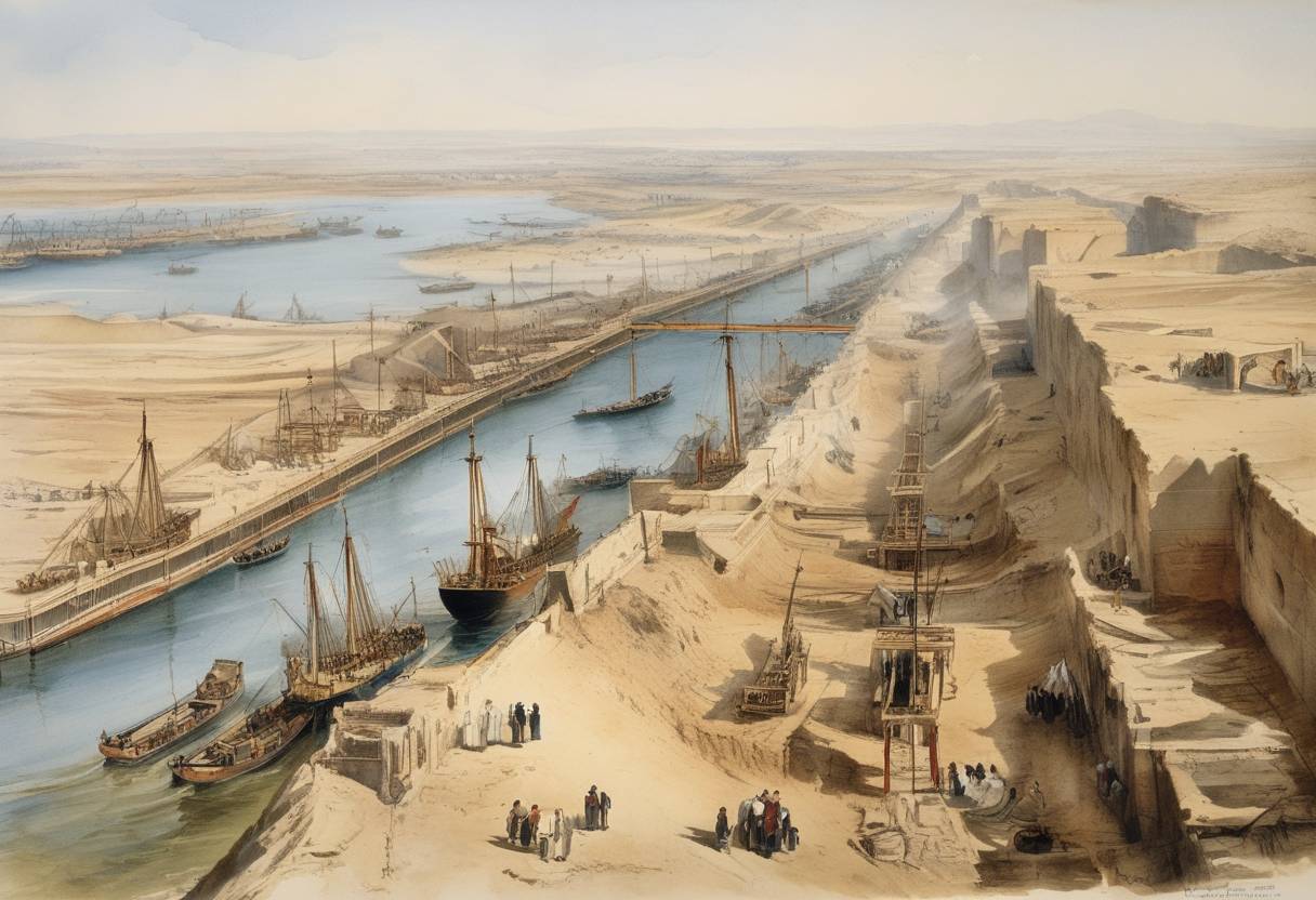 Watercolor painting based depiction of Construction of the Suez Canal began, spearheaded by French diplomat and engineer Ferdinand de Lesseps. The canal aimed to connect the Mediterranean Sea with the Red Sea, revolutionizing global trade by providing a direct shipping route between Europe and South Asia. (1859)