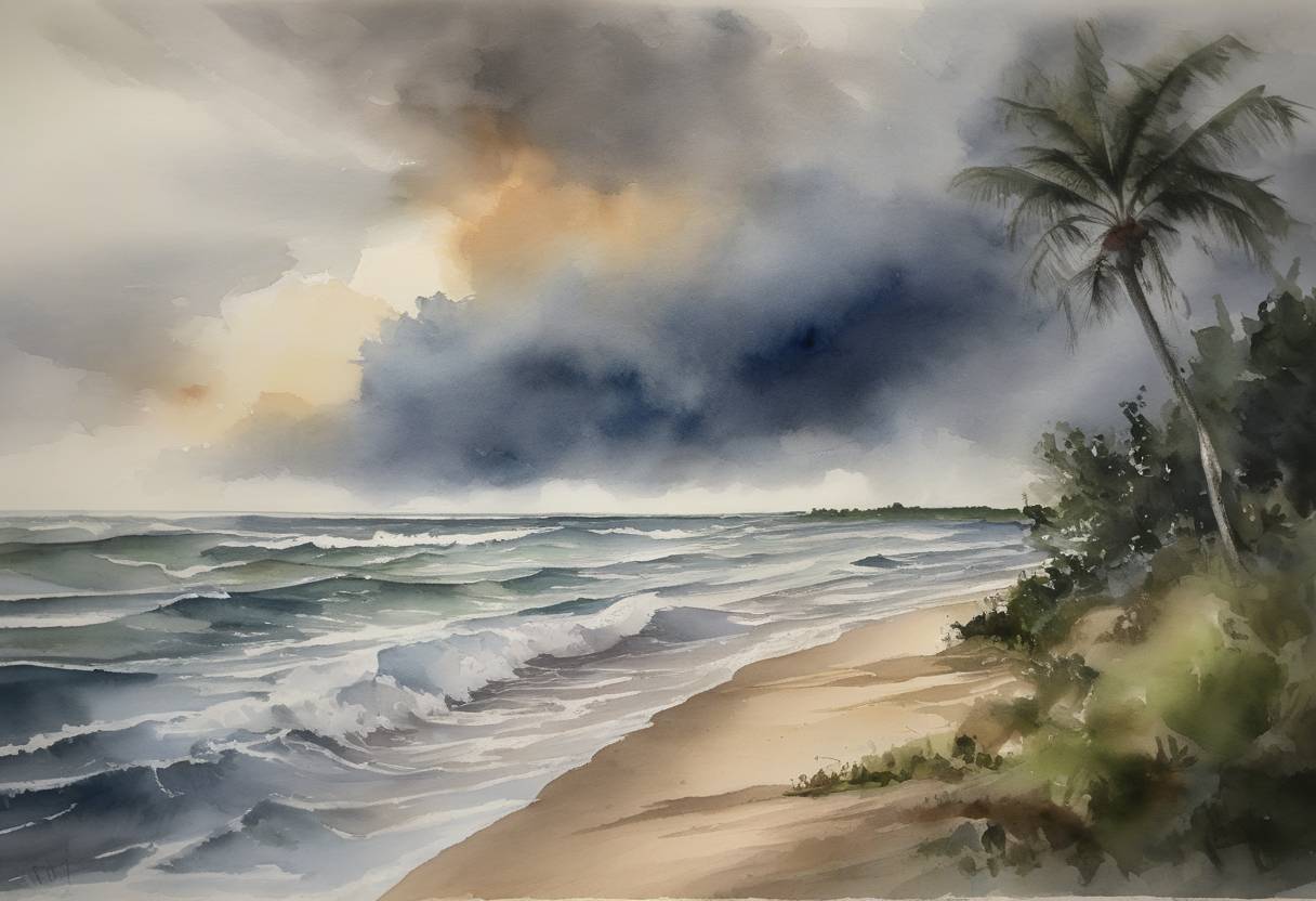 Watercolor painting based depiction of Approaching Tropical Storm Isaias caused concern along the eastern United States. Although Isaias itself made landfall later, its advance preparation affected numerous regions along the coast. (2021)