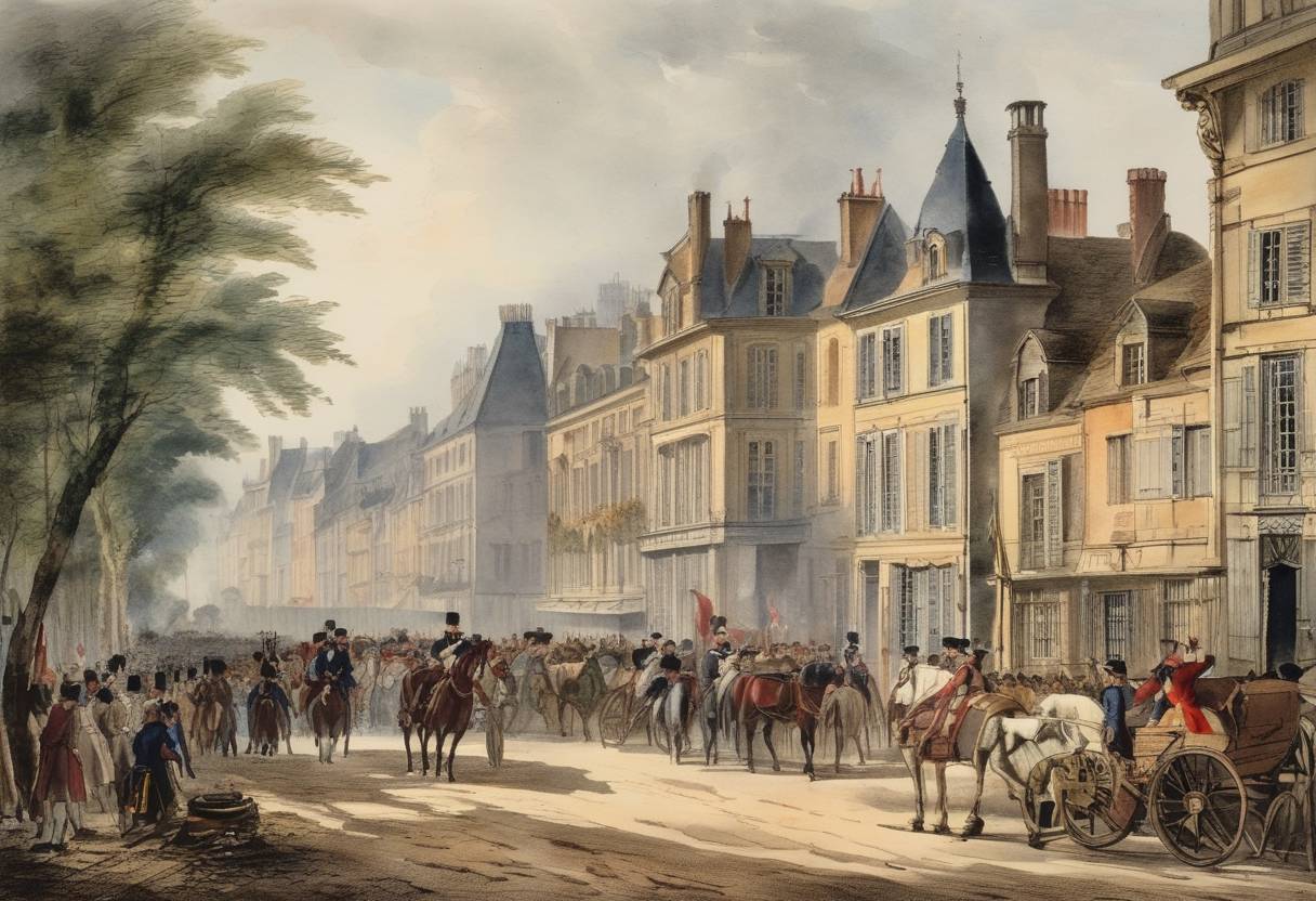 Watercolor painting based depiction of The Treaty of Amiens was ratified by the United Kingdom and France, effectively putting a temporary end to the hostilities between the two nations during the French Revolutionary Wars. This treaty brought a brief period of peace in Europe. (1802)