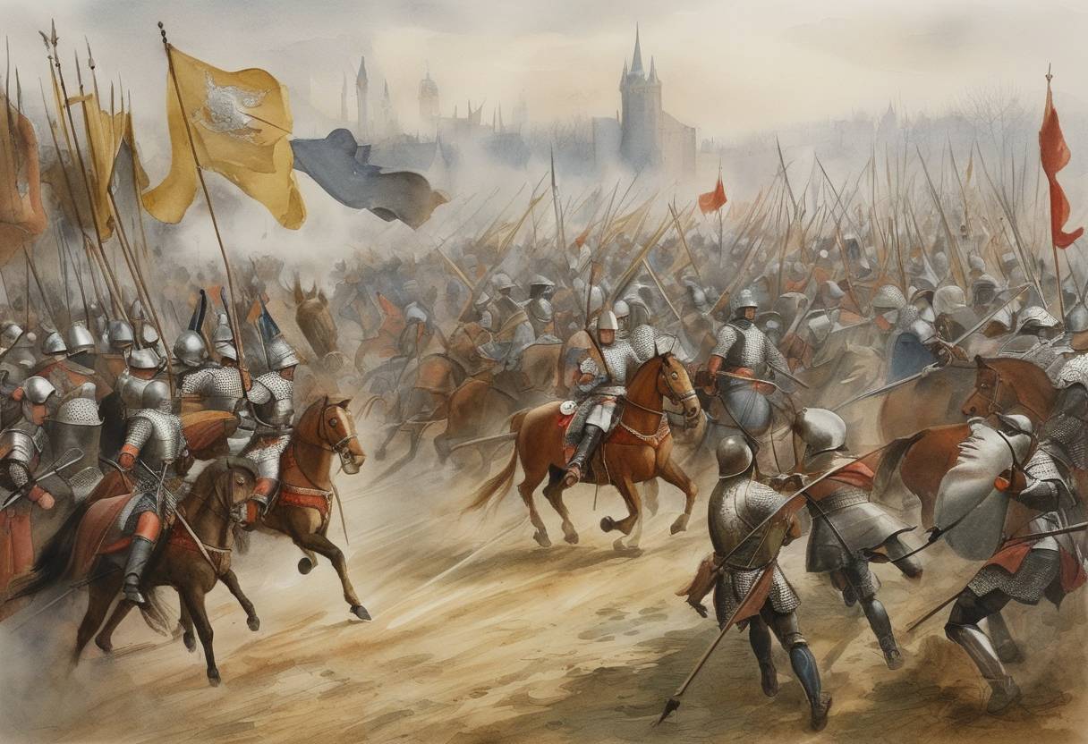Watercolor painting based depiction of The Battle of the Golden Spurs took place near Kortrijk, where Flemish forces defeated French knights in a significant medieval conflict. (1308)
