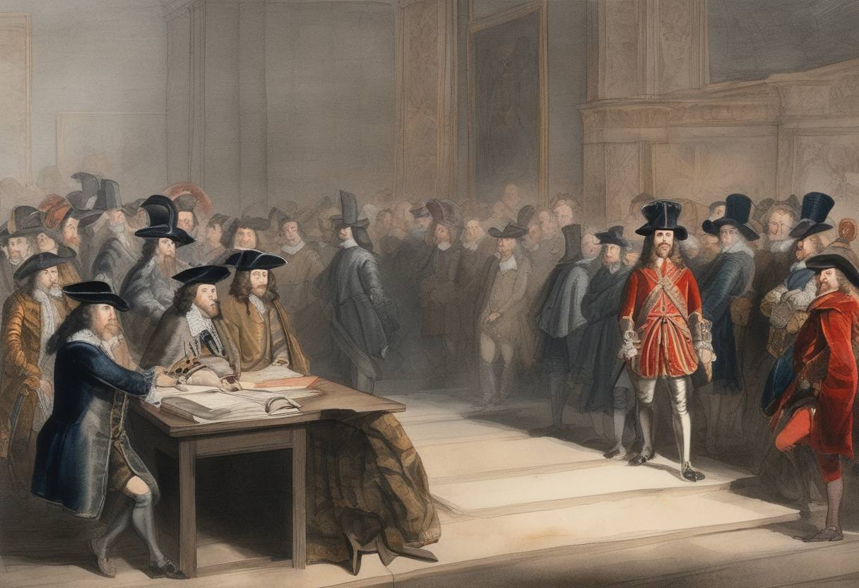 Watercolor painting based depiction of The English Rump Parliament votes to put Charles I on trial for high treason and other high crimes. (1649)