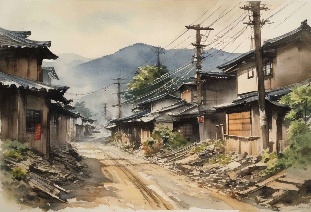 Watercolor painting based depiction of A 7.3 magnitude earthquake struck the Fukui Prefecture in Japan, causing significant damage and loss of life. (1948)