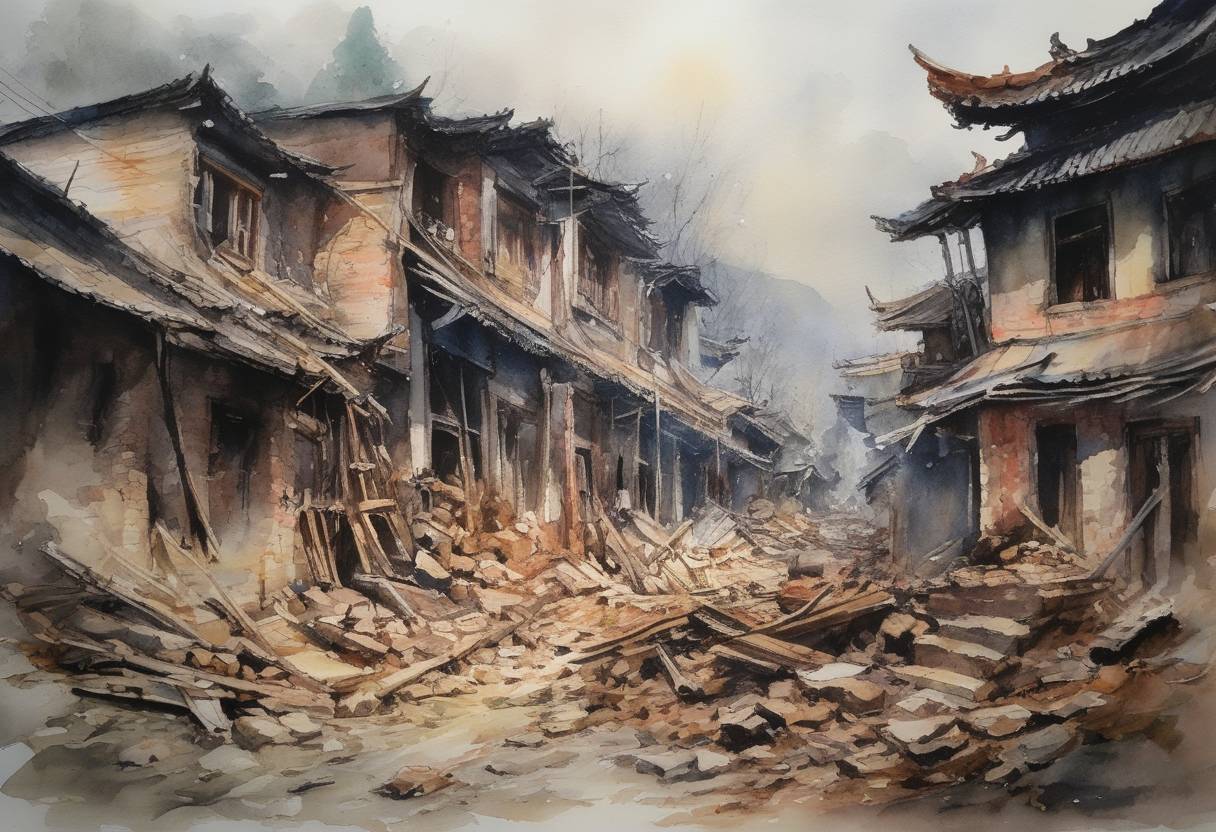 Watercolor painting based depiction of The Wenchuan earthquake, also known as the Great Sichuan Earthquake, struck causing widespread devastation in China, with tremors felt on May 12. (2008)