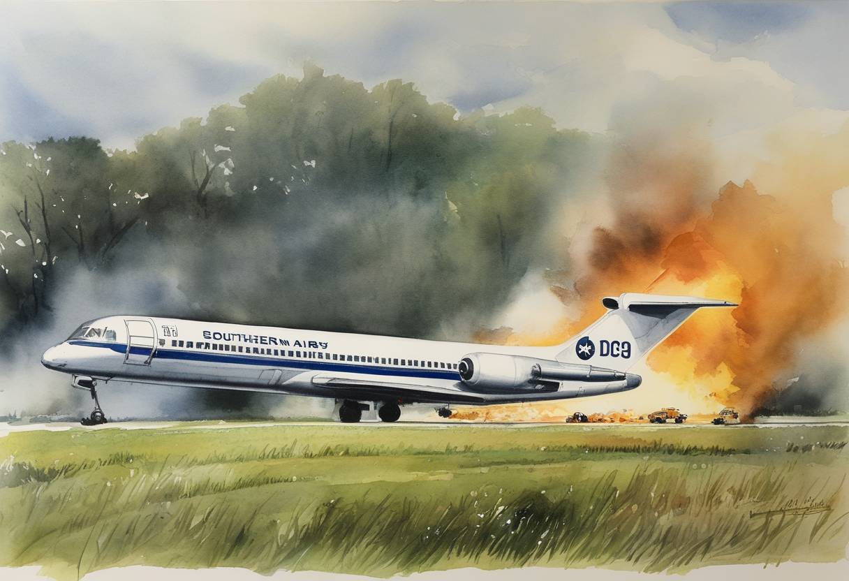 Watercolor painting based depiction of A Southern Airways DC-9 crashes in Huntington, West Virginia, killing 75, including most of the Marshall University football team and coaching staff. (1970)