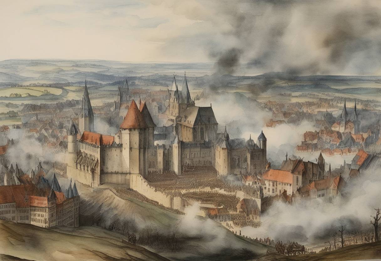 Watercolor painting based depiction of The Munster rebellion is quelled as the city falls to troops loyal to Prince-Bishop Franz von Waldeck. (1545)
