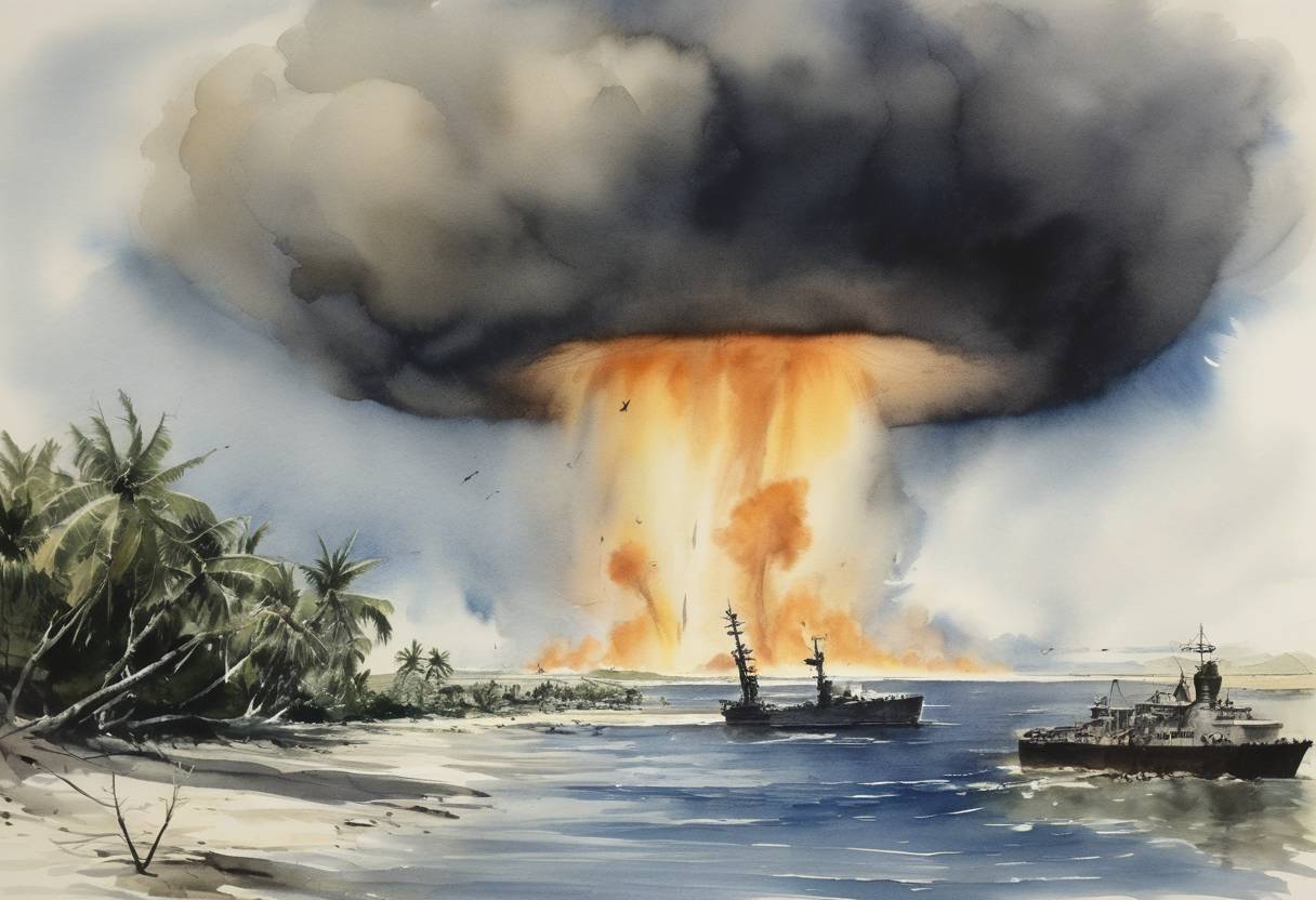 Watercolor painting based depiction of The United States carried out the Castle Bravo nuclear test at Bikini Atoll in the Marshall Islands, leading to significant radioactive fallout and international controversy. (1954)