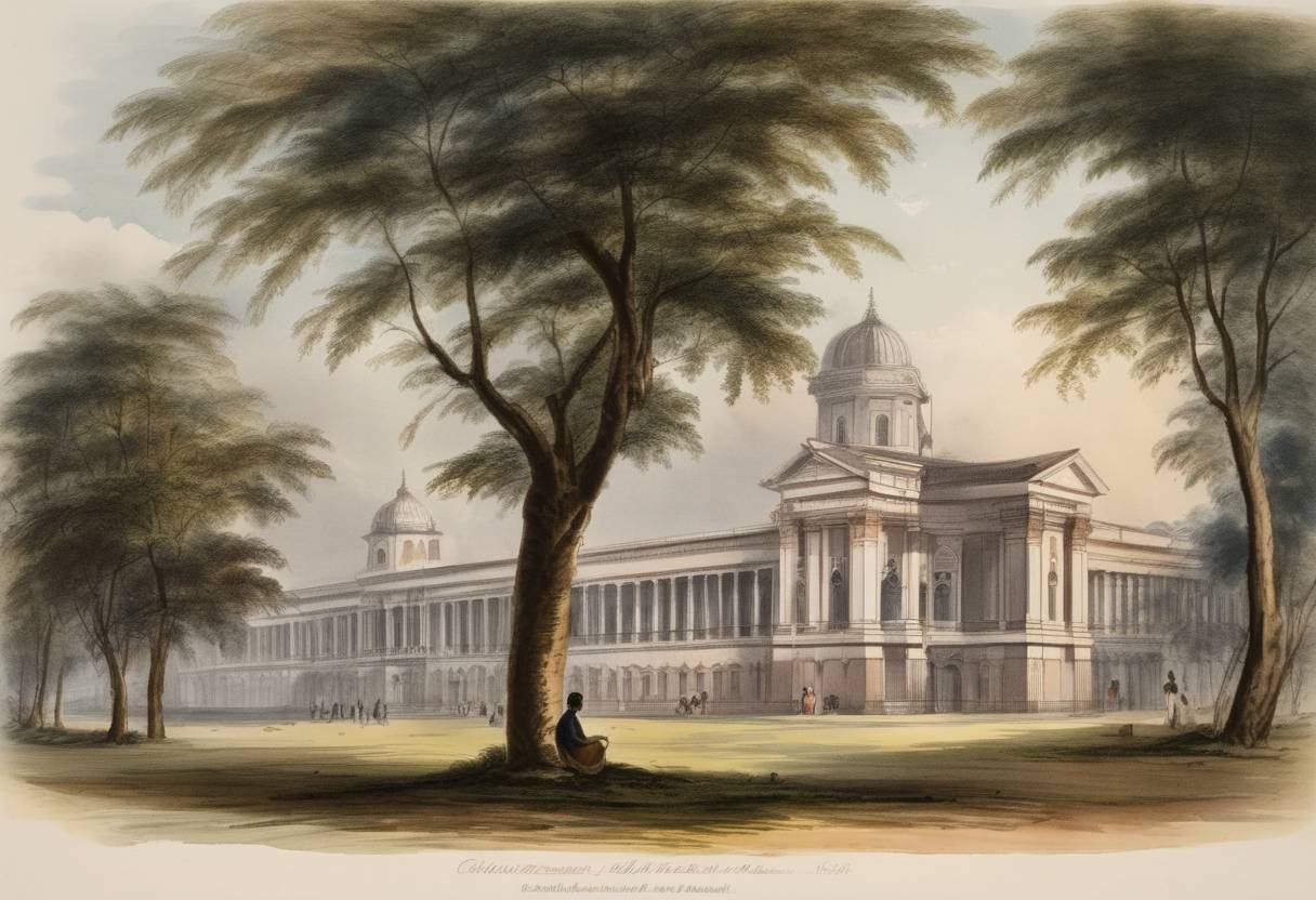 Watercolor painting based depiction of The University of Calcutta, the first fully-fledged university in South Asia, was established in Calcutta, British India. (1857)
