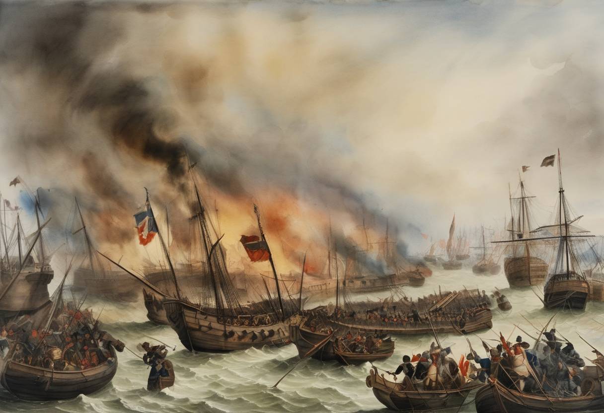 Watercolor painting based depiction of The Battle of Nieuwpoort took place as part of the Eighty Years' War. This battle was a key conflict involving the Spanish forces led by Archduke Albert of Austria and Dutch rebel forces under Prince Maurice of Nassau. It ended with a Dutch victory. (1600)