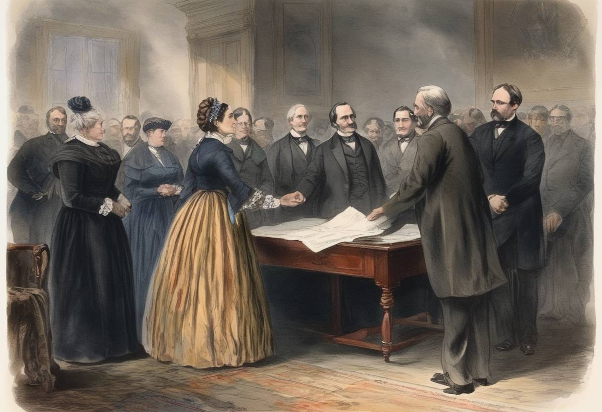 Watercolor painting based depiction of Susan B. Anthony is fined $100 for voting in the United States presidential election of 1872. (1873)