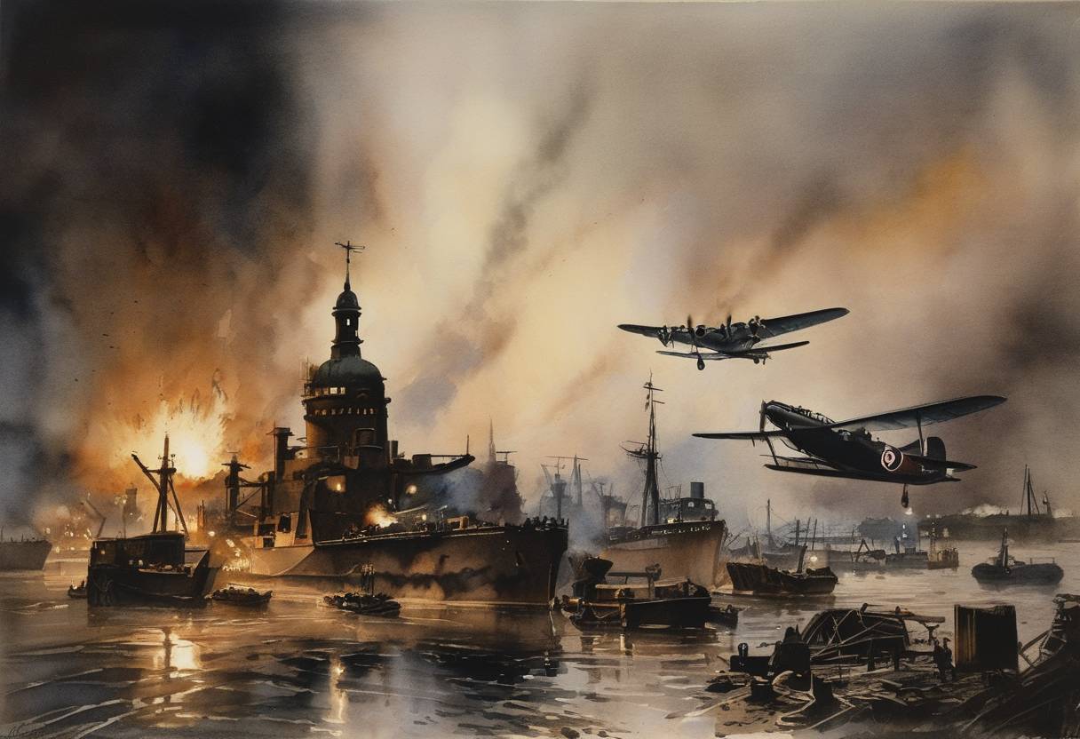 Watercolor painting based depiction of Operation Gomorrah began as British and Canadian aeroplanes bombed Hamburg by night, and American planes bombed it by day, in the first operation of its kind intended to systematically destroy a German city during WWII. (1943)