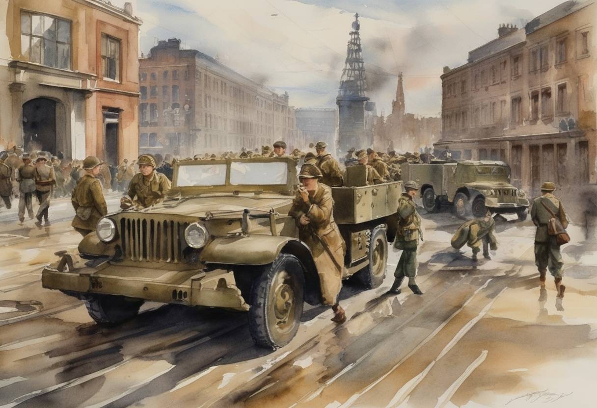 Watercolor painting based depiction of The first American forces arrive in Europe during World War II as part of Operation Bolero, marking a significant phase in the Allied effort. (1942)