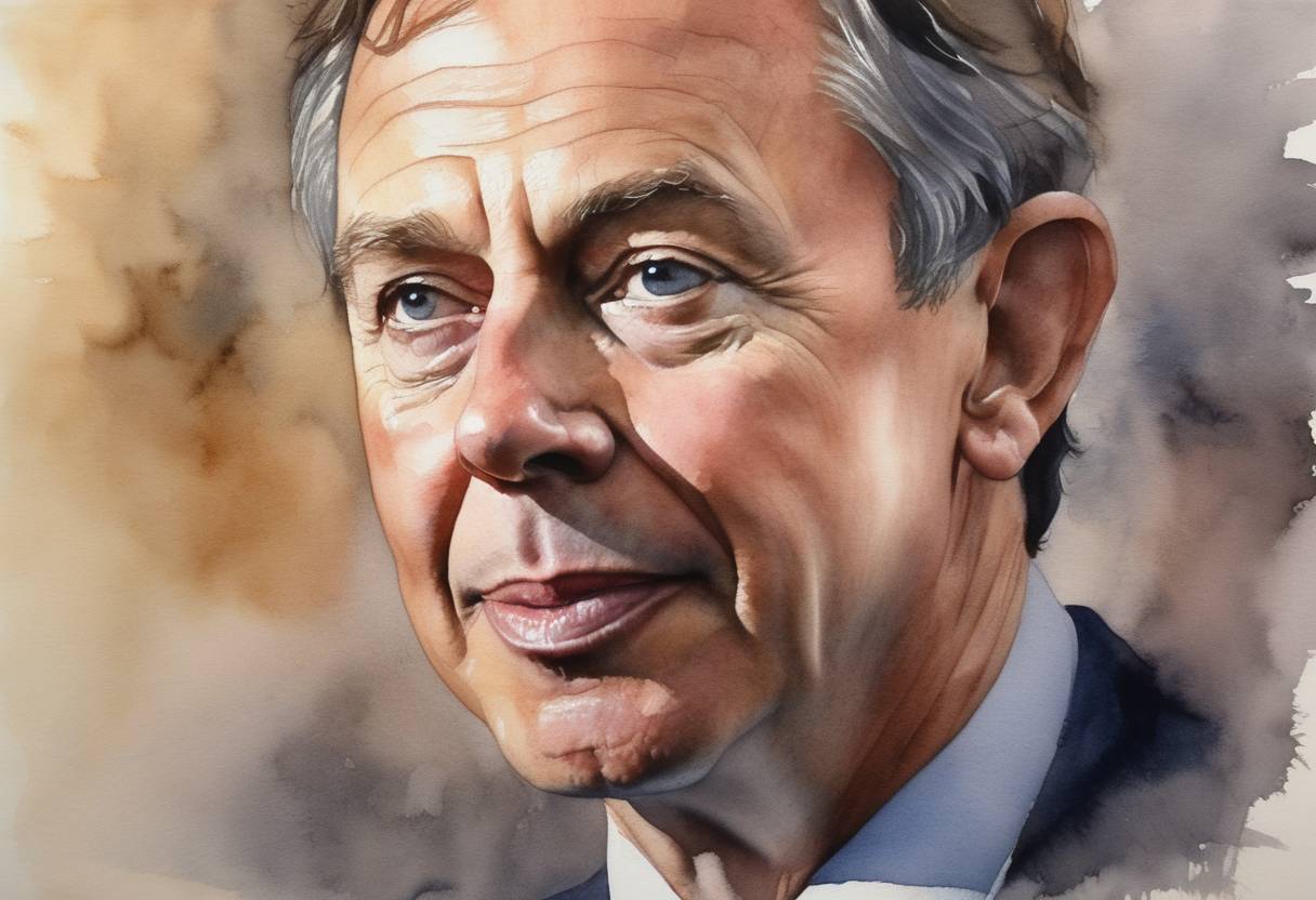 Watercolor painting based depiction of Tony Blair was elected leader of the British Labour Party, eventually becoming Prime Minister in 1997. (1994)