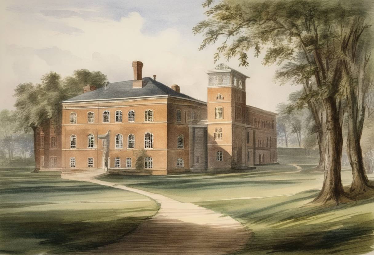 Watercolor painting based depiction of Georgetown College, the first Catholic college in the United States, was founded. (1789)