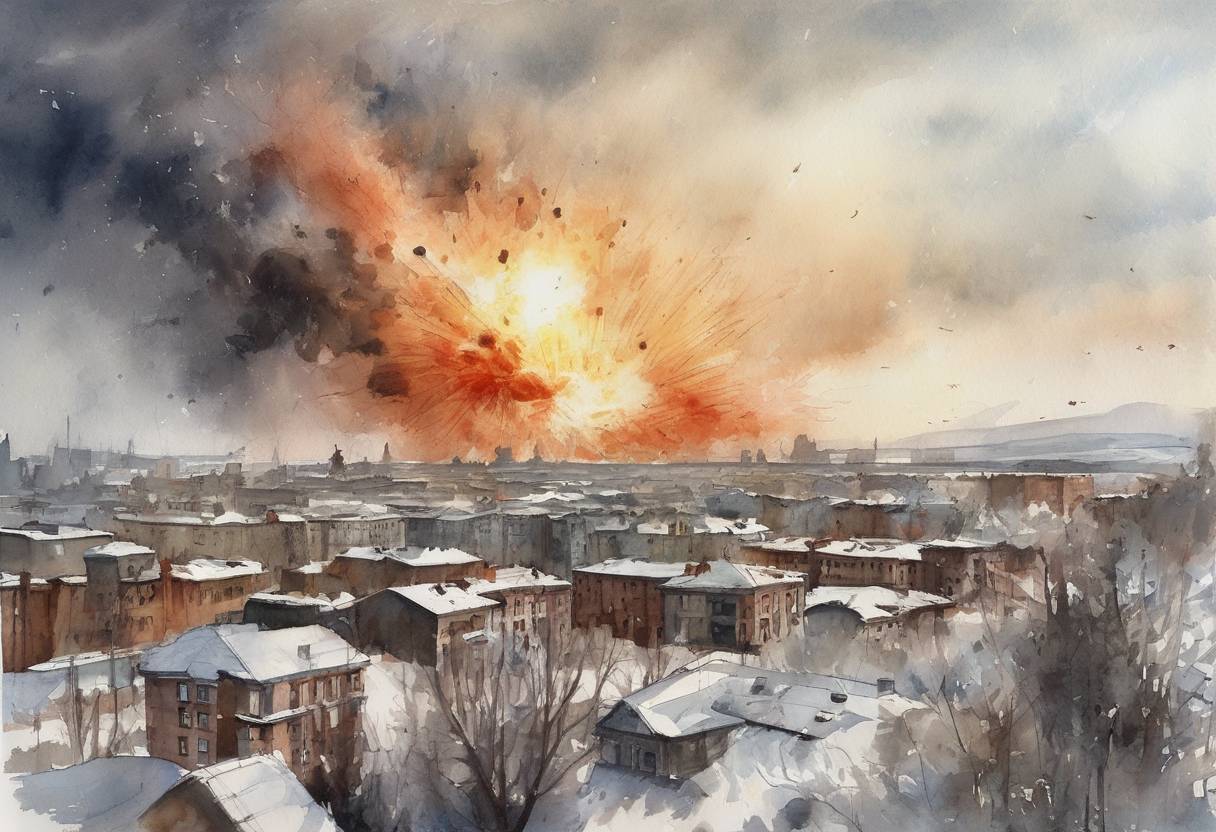 Watercolor painting based depiction of A meteor exploded over Chelyabinsk, Russia, injuring over 1,500 people and causing extensive damage to buildings. It was the largest recorded meteor strike in over a century. (2013)