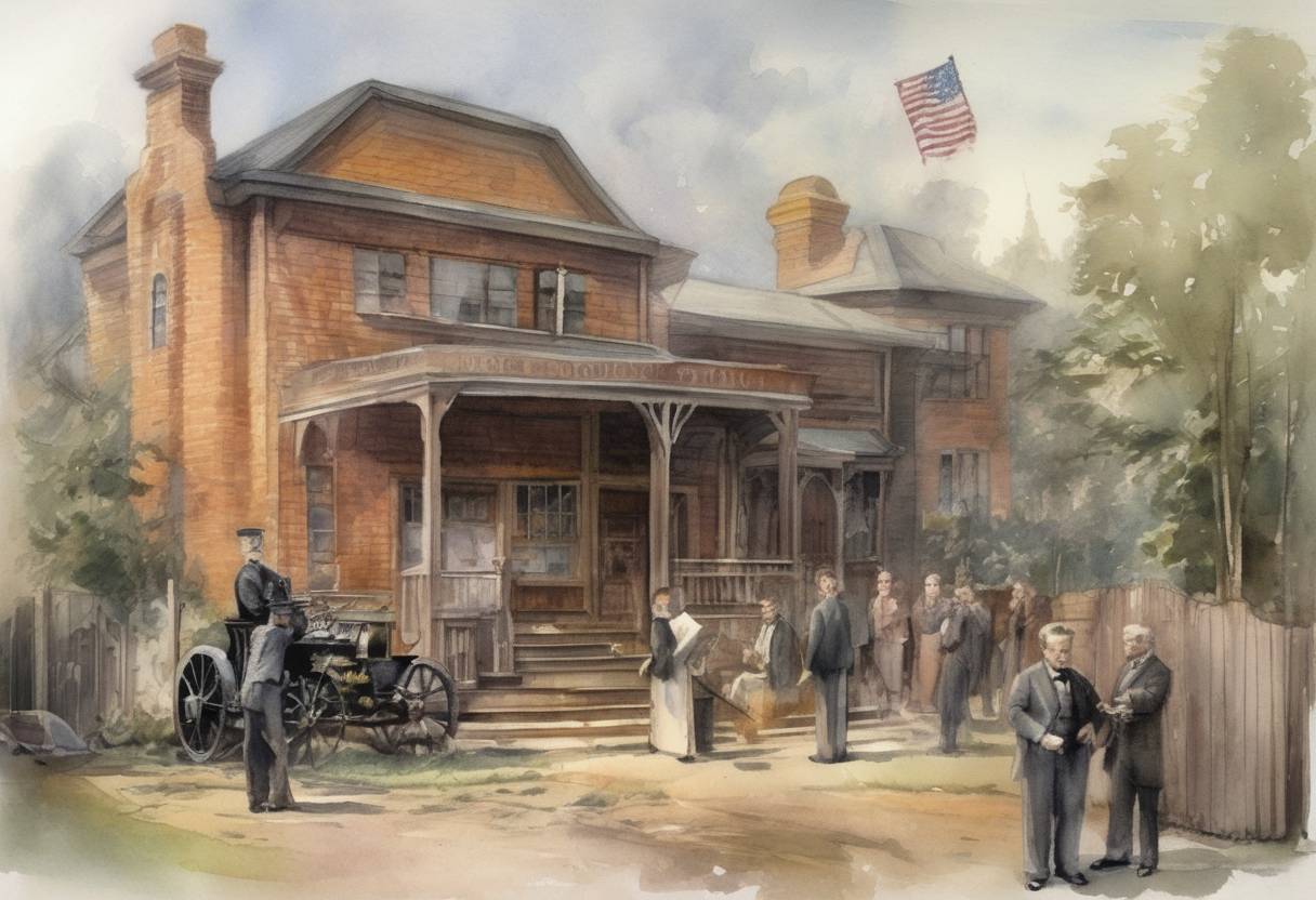 Watercolor painting based depiction of Thomas Edison completes the world's first movie studio, the Black Maria, in West Orange, New Jersey. (1893)