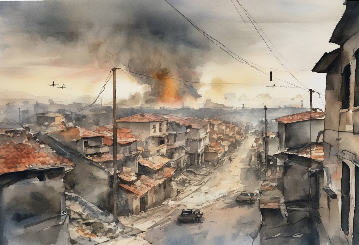 Watercolor painting based depiction of NATO suspended its air strikes in Yugoslavia after Slobodan Milošević agreed to withdraw Serbian forces from Kosovo, ending the Kosovo War. (1999)