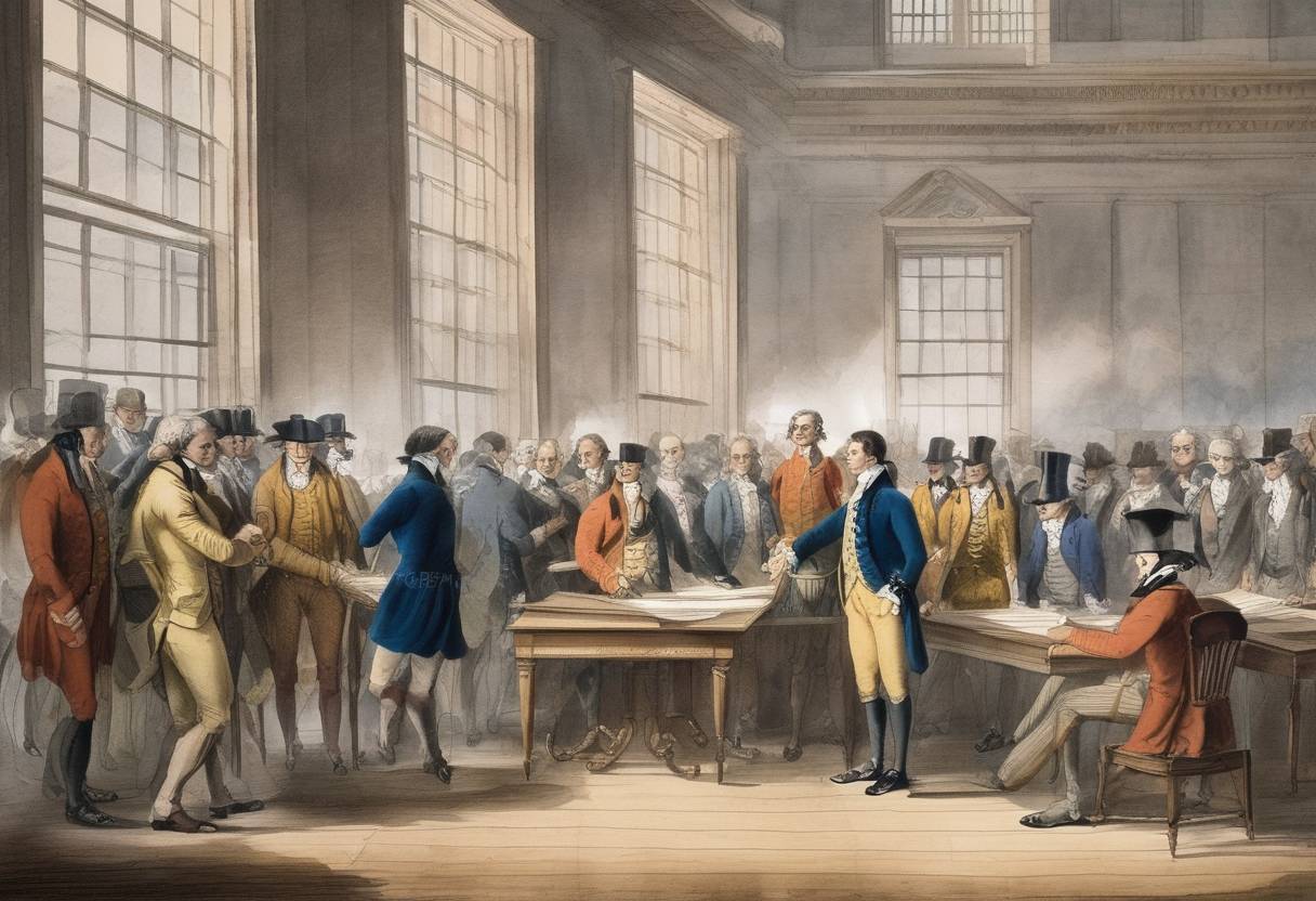Watercolor painting based depiction of The Buttonwood Agreement was signed by 24 stockbrokers and merchants outside 68 Wall Street in New York City, marking the origin of what would become the New York Stock Exchange. (1792)