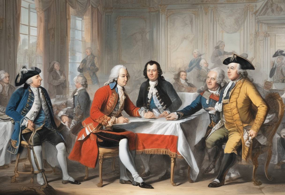 Watercolor painting based depiction of The Treaty of Paris is signed, ending the Seven Years' War and marking the beginning of British dominance outside Europe. (1763)