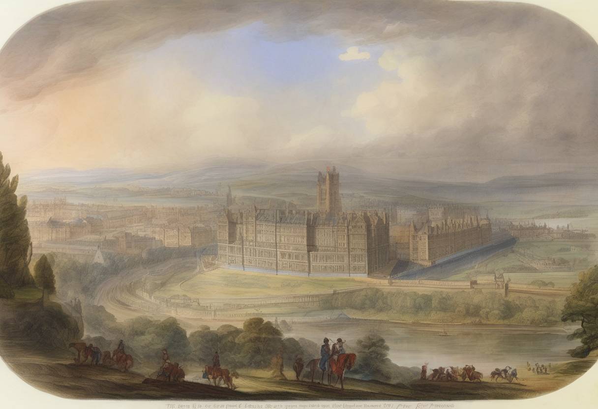 Watercolor painting based depiction of The Act of Union was ratified by the Parliament of Scotland, leading to the creation of the Kingdom of Great Britain. (1707)