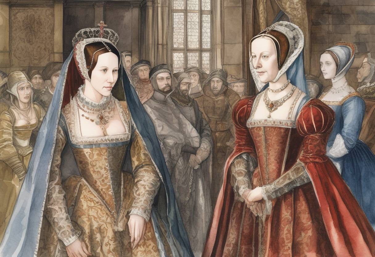 Watercolor painting based depiction of Anne Boleyn was crowned Queen of England, marking a significant event in the English Reformation and the history of the Tudor dynasty. (1533)