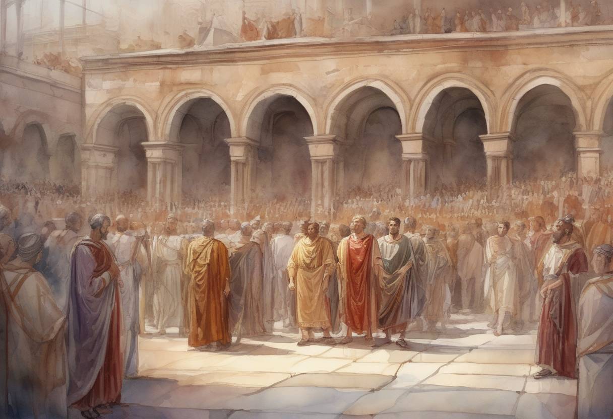 Watercolor painting based depiction of Roman Emperors Diocletian and Maximian retire from office, marking the first voluntary abdication of Roman emperors and leading to the establishment of the Tetrarchy system. (305)