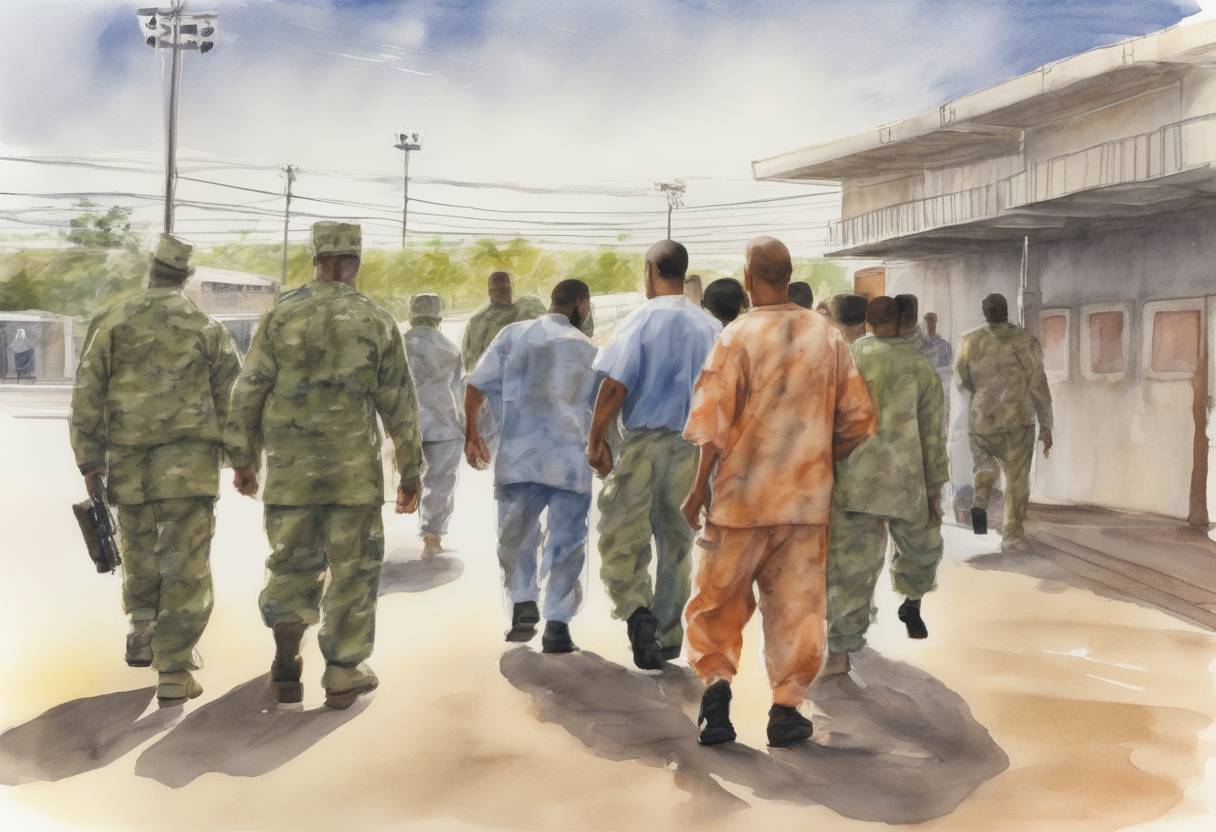 Watercolor painting based depiction of The first detainees arrive at the Guantanamo Bay detention camp, a U.S. military prison located in Cuba, established to hold and interrogate prisoners captured during the War on Terror. (2002)