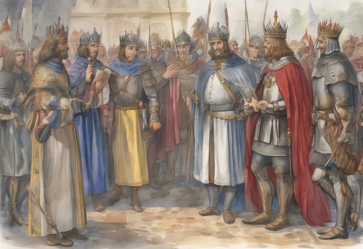 Watercolor painting based depiction of The Treaty of Andelot was signed between King Guntram of Burgundy and his nephew Childebert II of Austrasia, which was a significant event in the Merovingian dynasty's history. This treaty solidified the alliance between the two rulers and had implications for the power dynamics within the Frankish kingdoms. (587)
