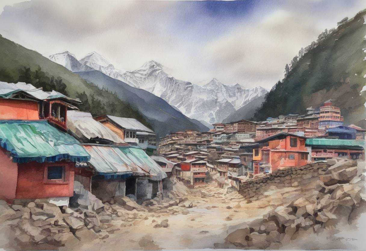 Watercolor painting based depiction of A second major earthquake struck Nepal, measuring 7.3 on the Richter scale, just weeks after a previous devastating quake. This earthquake caused further casualties and damage in a country already struggling with the aftermath of the April 2015 earthquake. (2015)