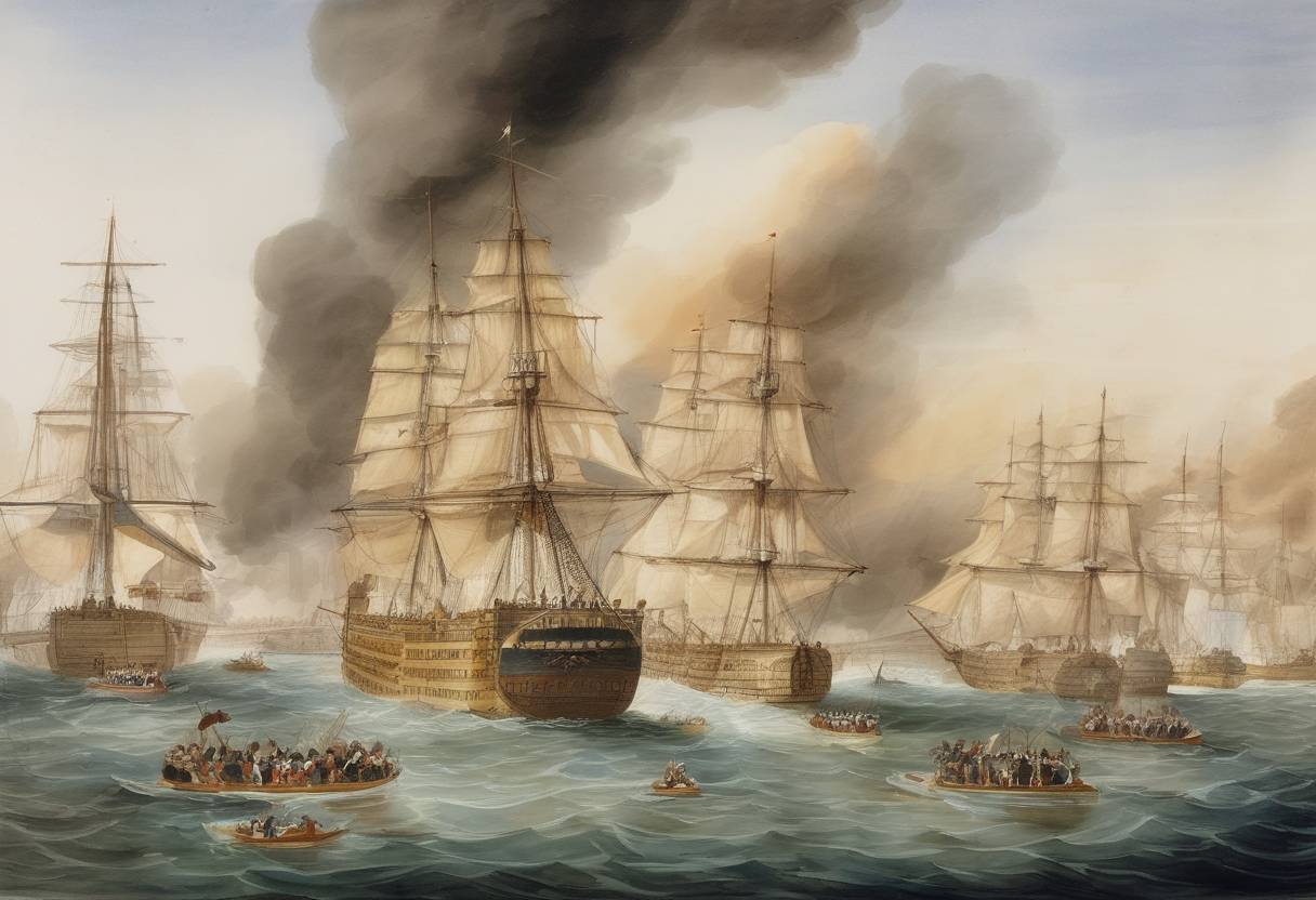 Watercolor painting based depiction of The Battle of the Nile began, a major naval battle between the British Royal Navy and the French Navy during the French Revolutionary Wars. (1798)