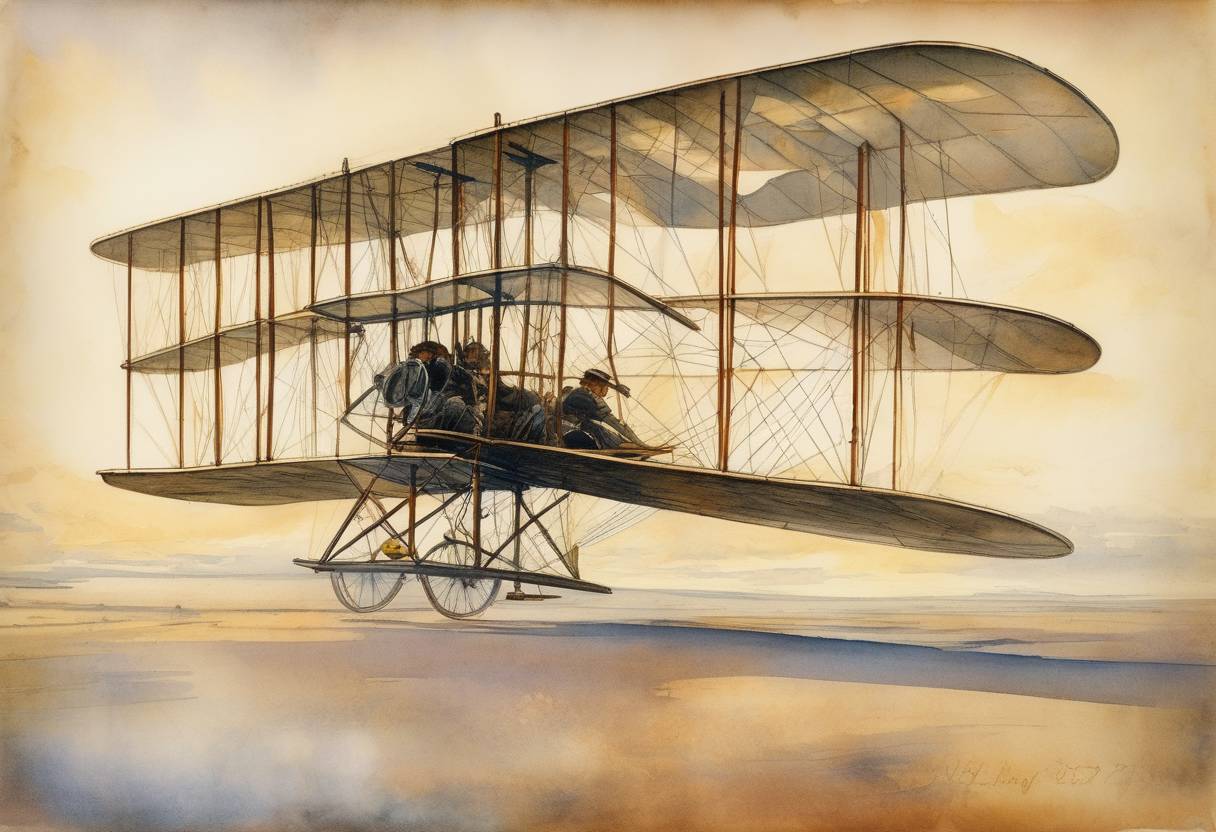 Watercolor painting based depiction of The Wright brothers were granted a patent for their flying machine, marking a significant milestone in aviation history. (1906)