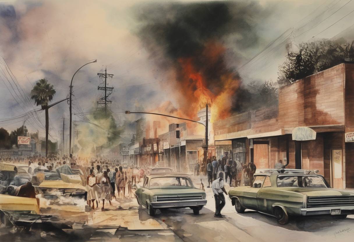 Watercolor painting based depiction of The Watts Riots begin in Los Angeles, California, lasting for six days. (1965)