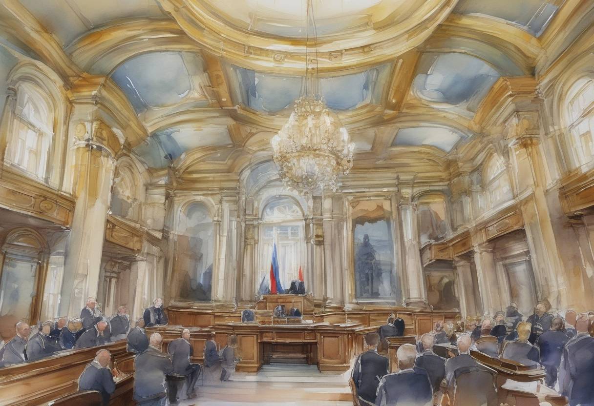 Watercolor painting based depiction of Russia's parliament approved the use of military force in Ukraine, escalating tensions in the region and leading to the annexation of Crimea. (2014)