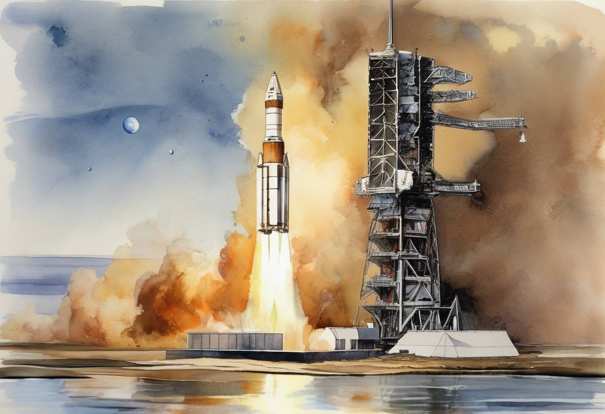 Watercolor painting based depiction of NASA launches Viking 1, the first spacecraft to successfully land on Mars. (1975)