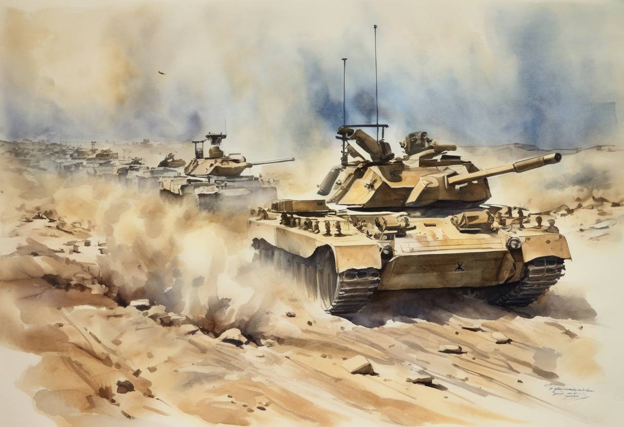 Watercolor painting based depiction of The Six-Day War began between Israel and neighboring Arab states Egypt, Jordan, and Syria. (1967)