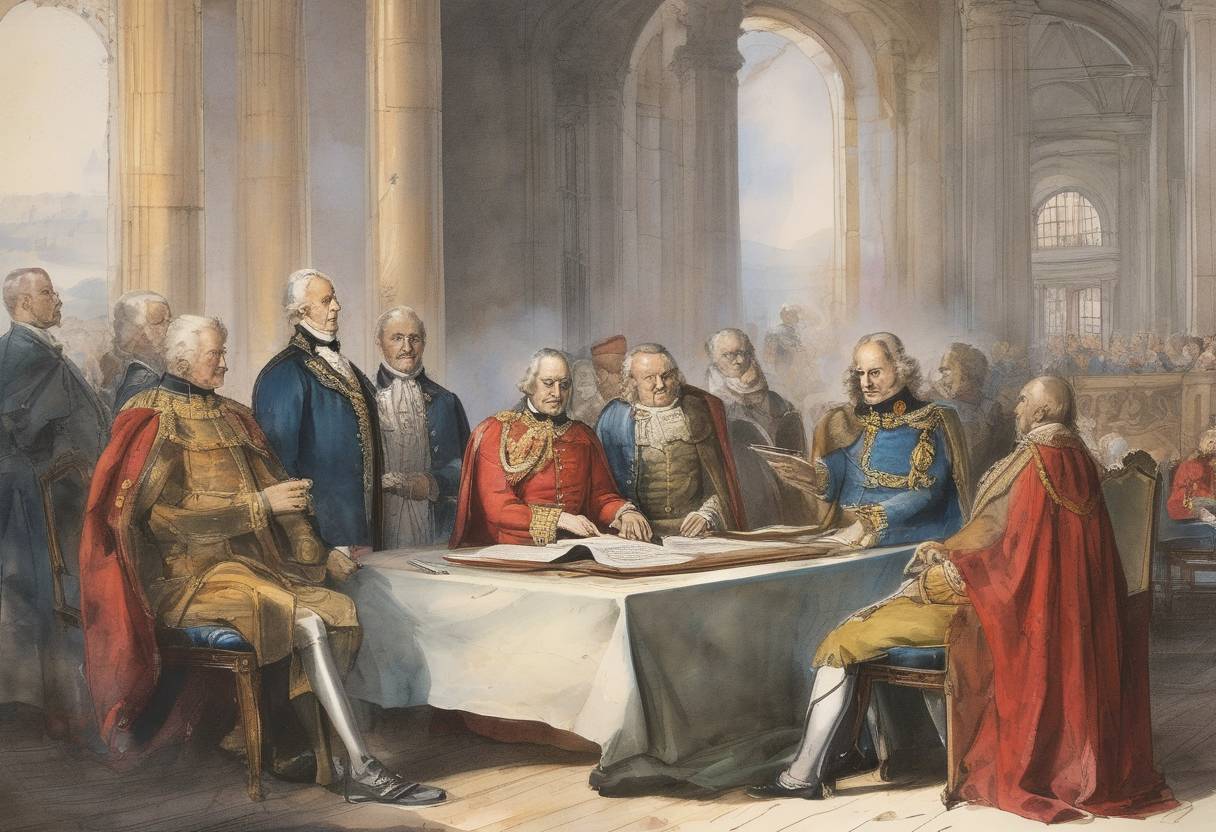Watercolor painting based depiction of The Treaty of Bonn was signed, marking the end of the conflict between the Holy Roman Empire and the Kingdom of France. This treaty was significant in establishing peace and delineating territories between the two powers. (927)