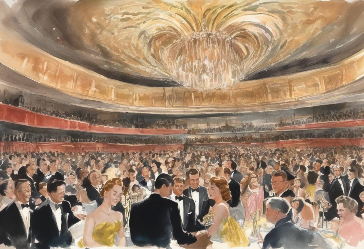 Watercolor painting based depiction of The Academy Awards were televised for the first time, marking a new era in the broadcast of the Oscars. (1953)