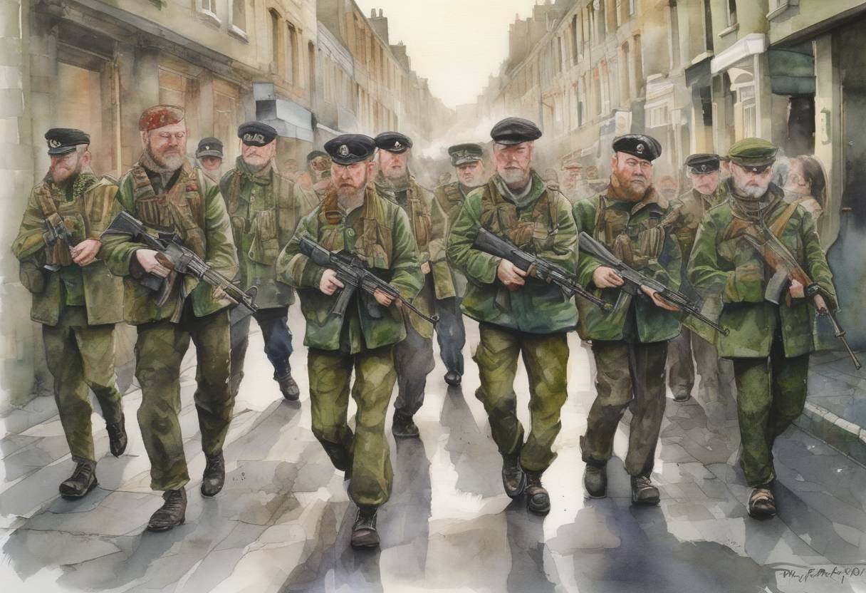 Watercolor painting based depiction of The Provisional Irish Republican Army (IRA) announced an end to its armed campaign, stating it would pursue its aims through peaceful means, marking a significant step in the Northern Ireland peace process. (2005)
