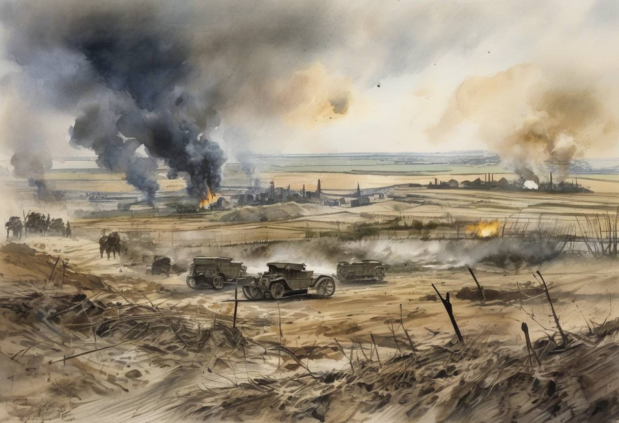 Watercolor painting based depiction of During World War I, the Second Battle of Ypres begins. It marks the first large-scale use of chemical weapons on the Western Front by Germany. (1915)