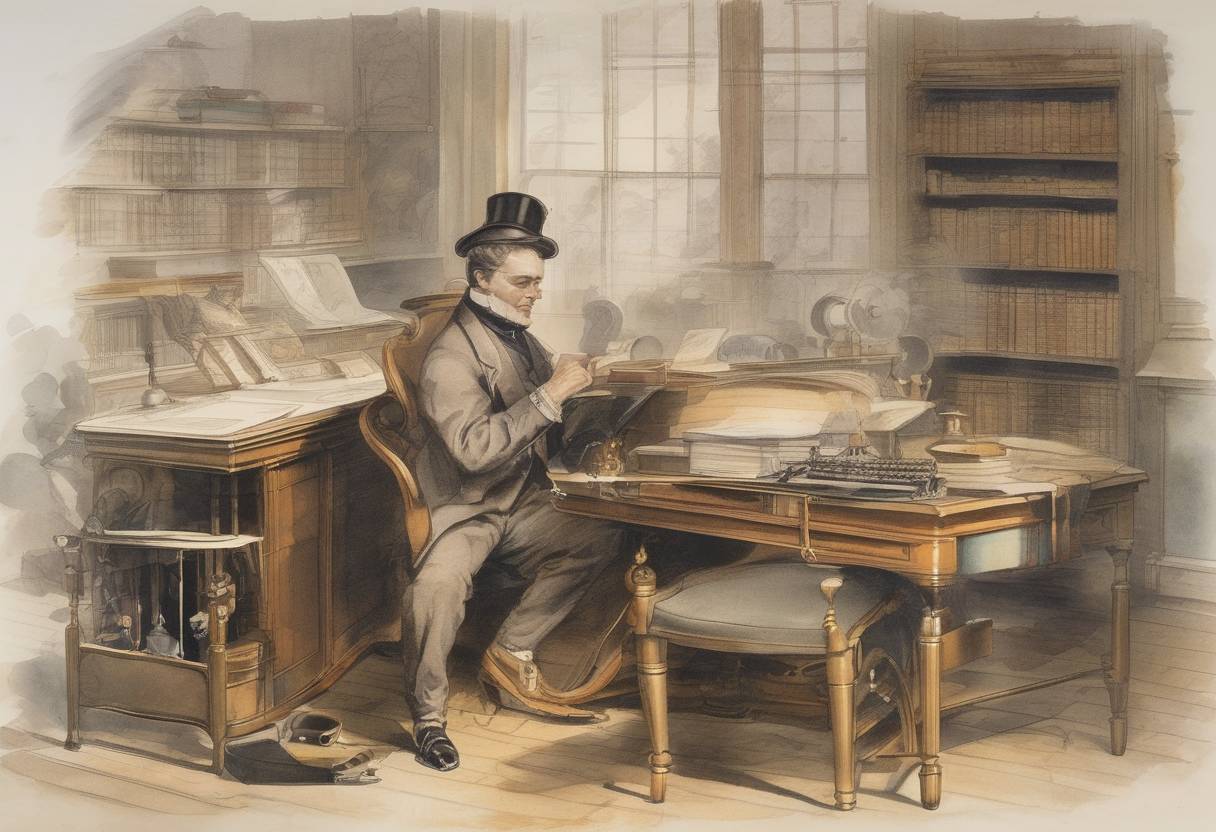 Watercolor painting based depiction of William Austin Burt patents the typographer, a precursor to the typewriter. (1829)