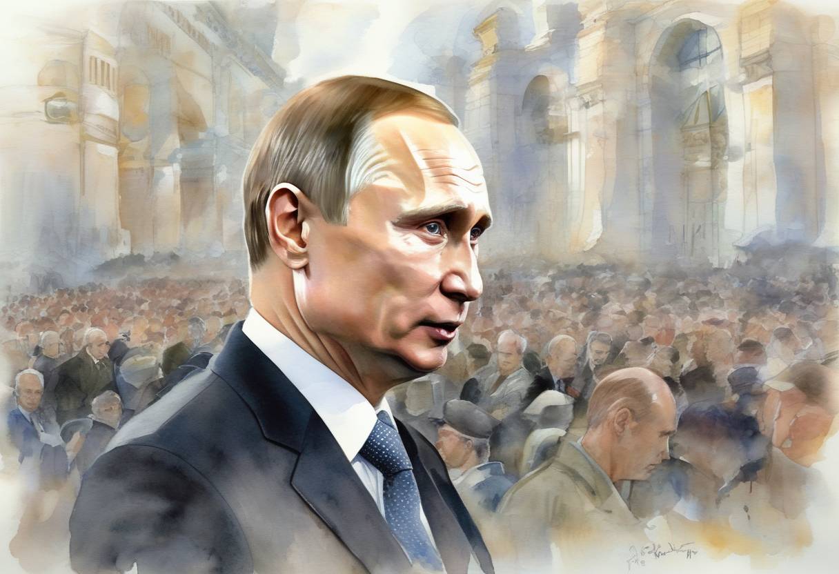 Watercolor painting based depiction of Vladimir Putin was re-elected as President of Russia, securing a second term with a significant majority of the vote. (2004)