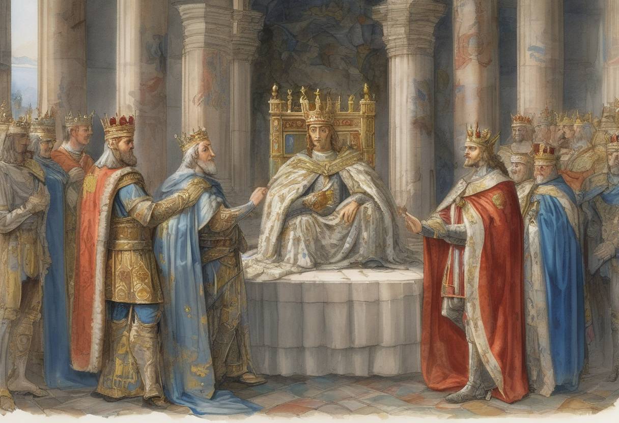 Watercolor painting based depiction of Otto I was crowned King of Germany, marking the beginning of the Ottonian dynasty. (936)